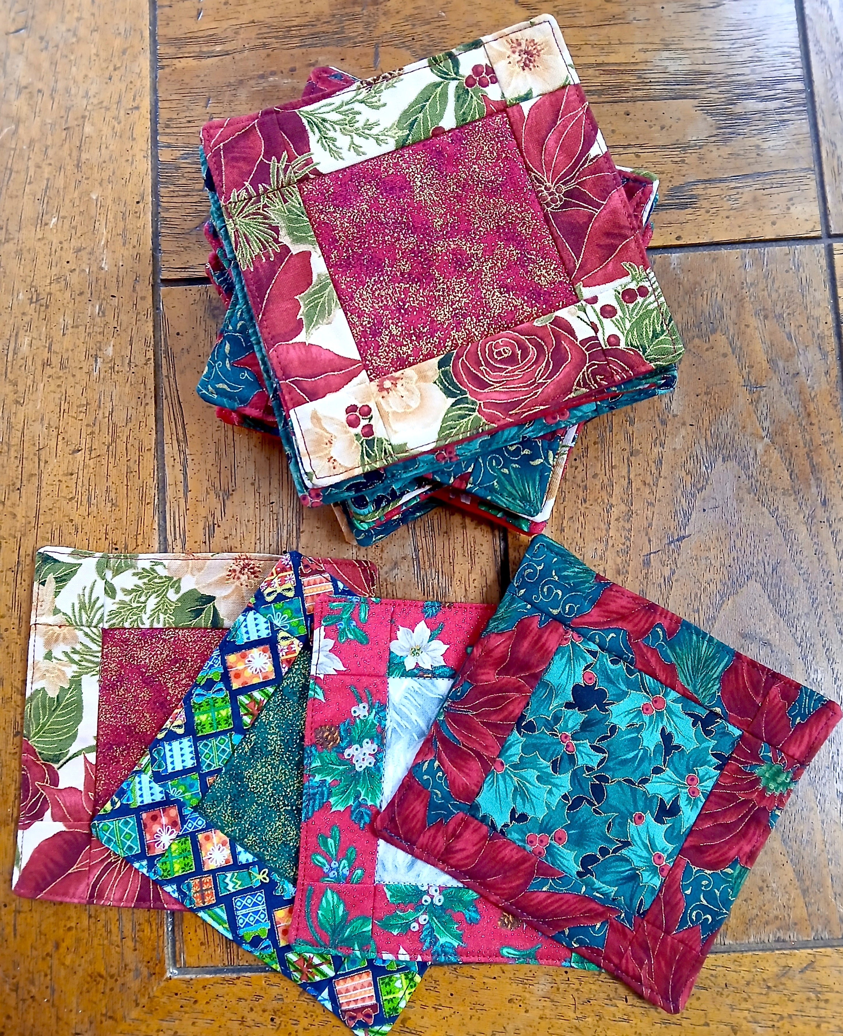 Elegant Holiday Coasters, Jewel Tone Christmas Quilt Squares, Cotton, Set of 4