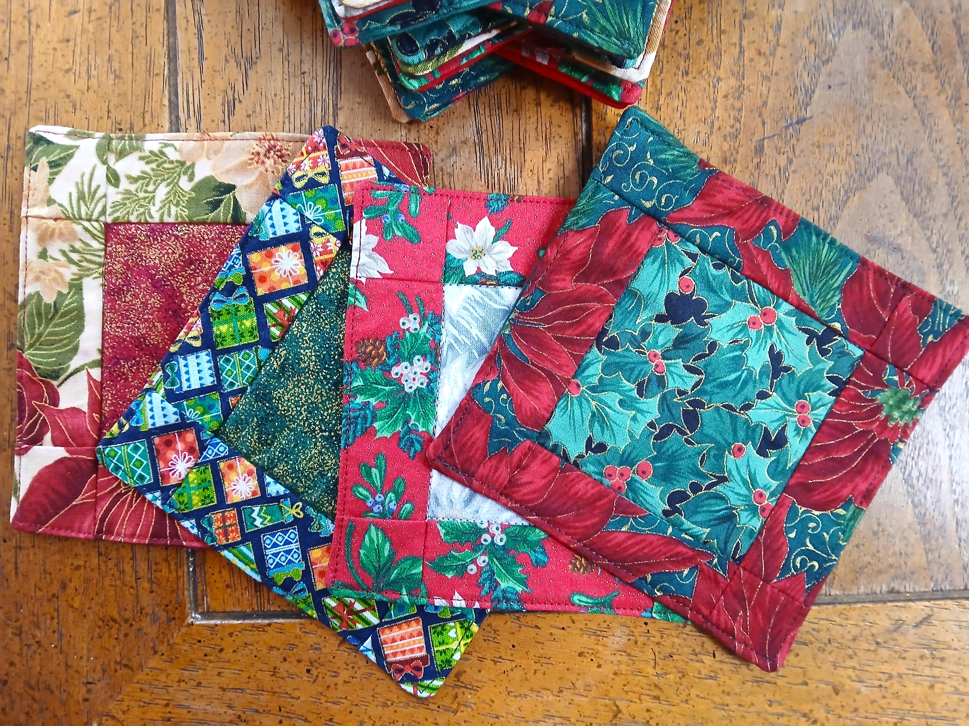 Elegant Holiday Coasters, Jewel Tone Christmas Quilt Squares, Cotton, Set of 4