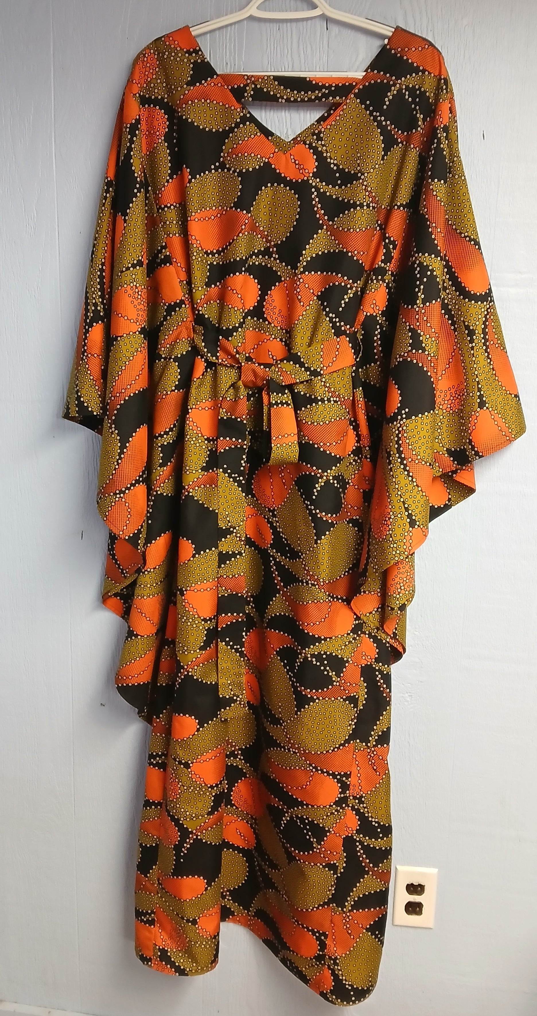 African Design Caftan, Orange Black Wax Print, Handmade