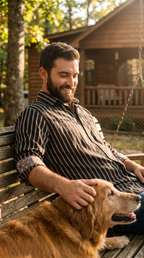 Man wearing handmade black and white striped cotton shirt with doggie bone print cuffs, sitting on porch swing with golden retriever