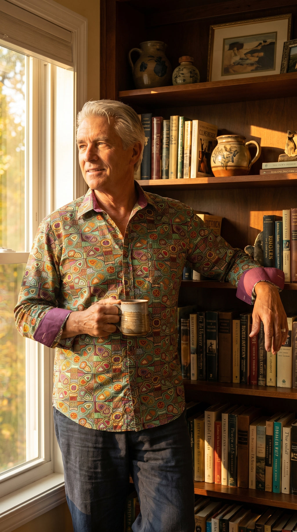 Handmade Long Sleeve Button-Up Shirt, Mola-Inspired Geometric Print, 100% Cotton, Sizes M–XL