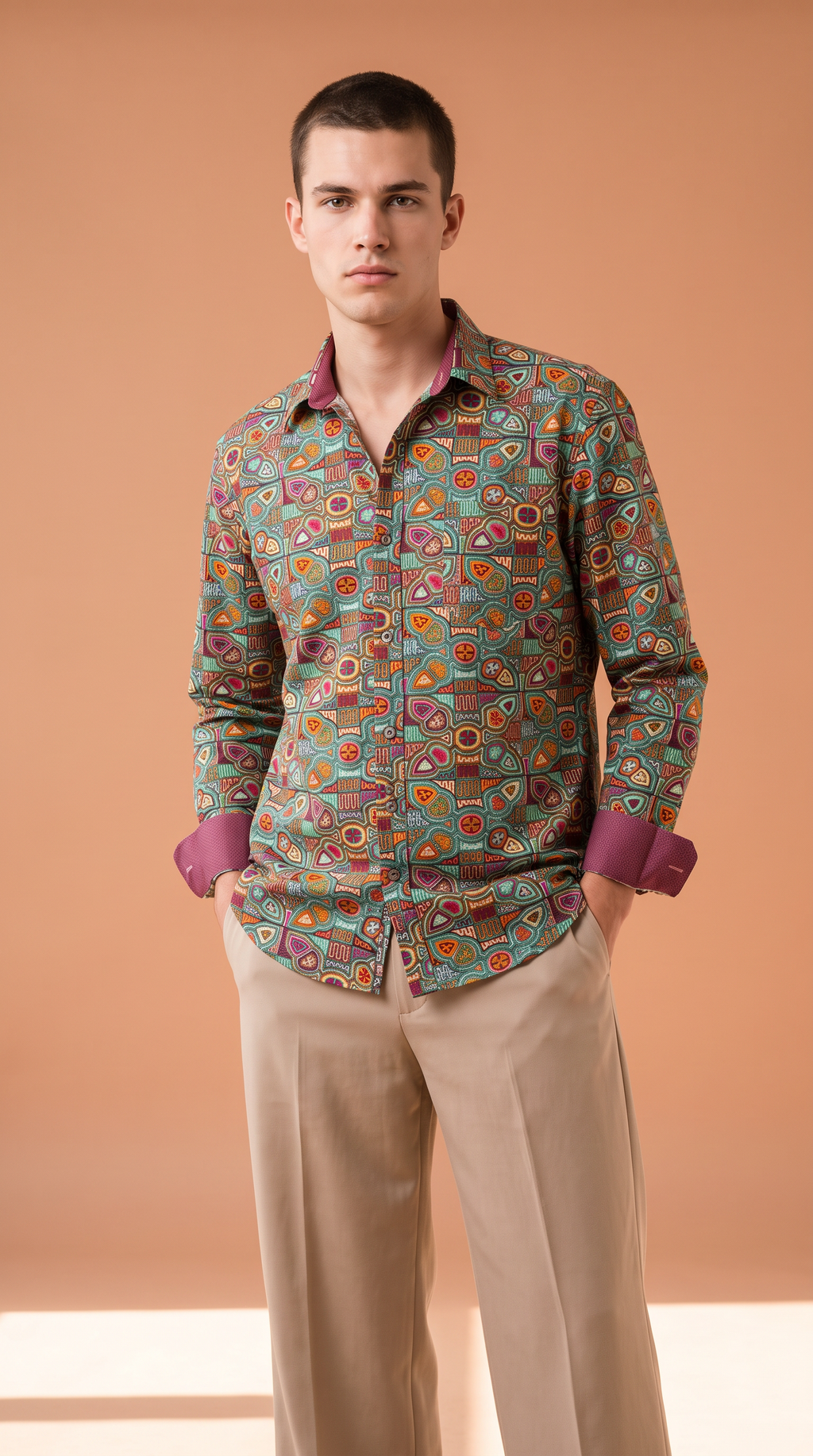 Handmade Long Sleeve Button-Up Shirt, Mola-Inspired Geometric Print, 100% Cotton, Sizes M–XL