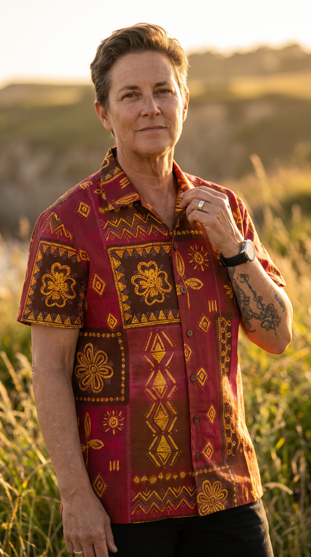 Handmade Batik Print Short Sleeve Button-Up Shirt, 100% Cotton, Red Brown Gold, Sizes S–XL