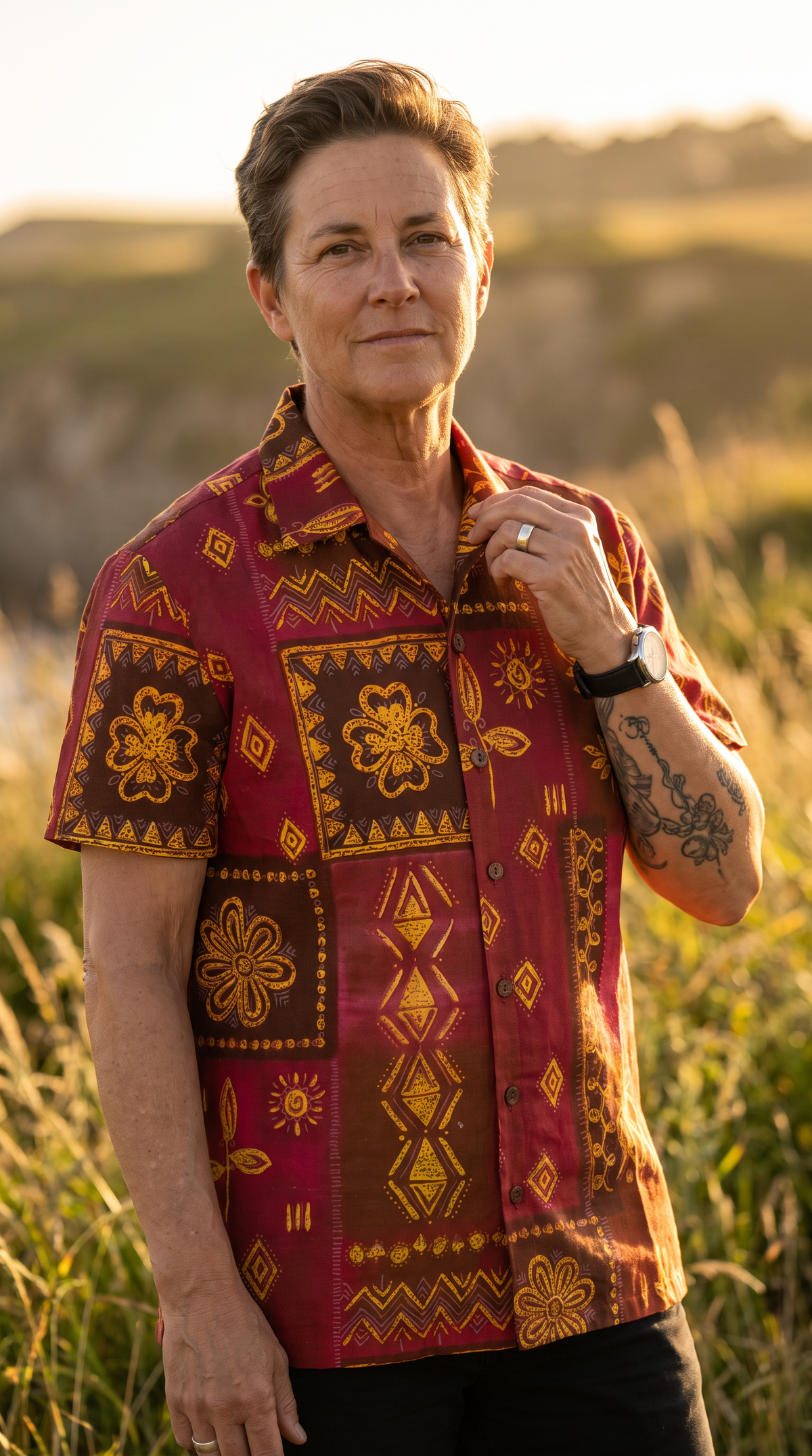 Handmade Batik Print Short Sleeve Button-Up Shirt, 100% Cotton, Red Brown Gold, Sizes S–XL