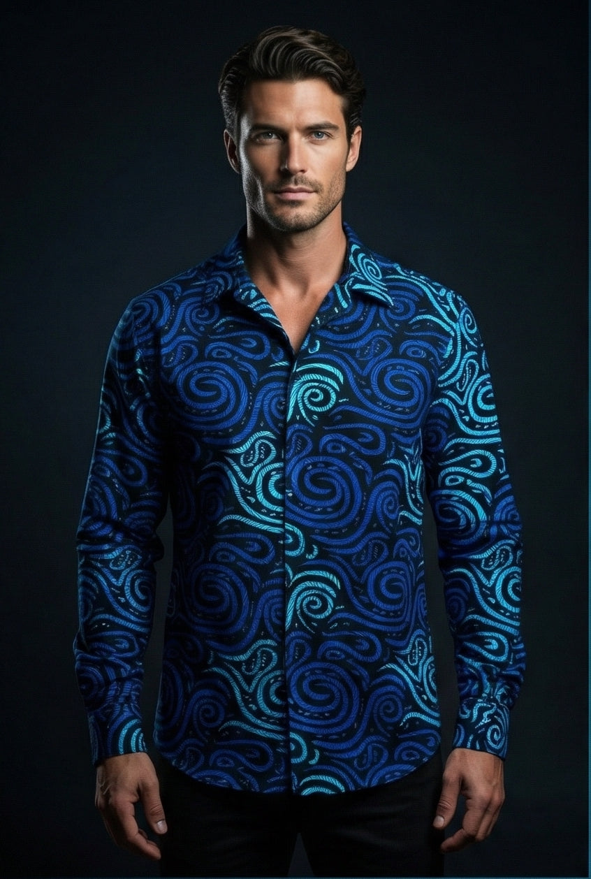 Men's Handmade African Wax Print Long Sleeve Button-Up Shirt, Blue & Black Geometric, Sizes M–XL