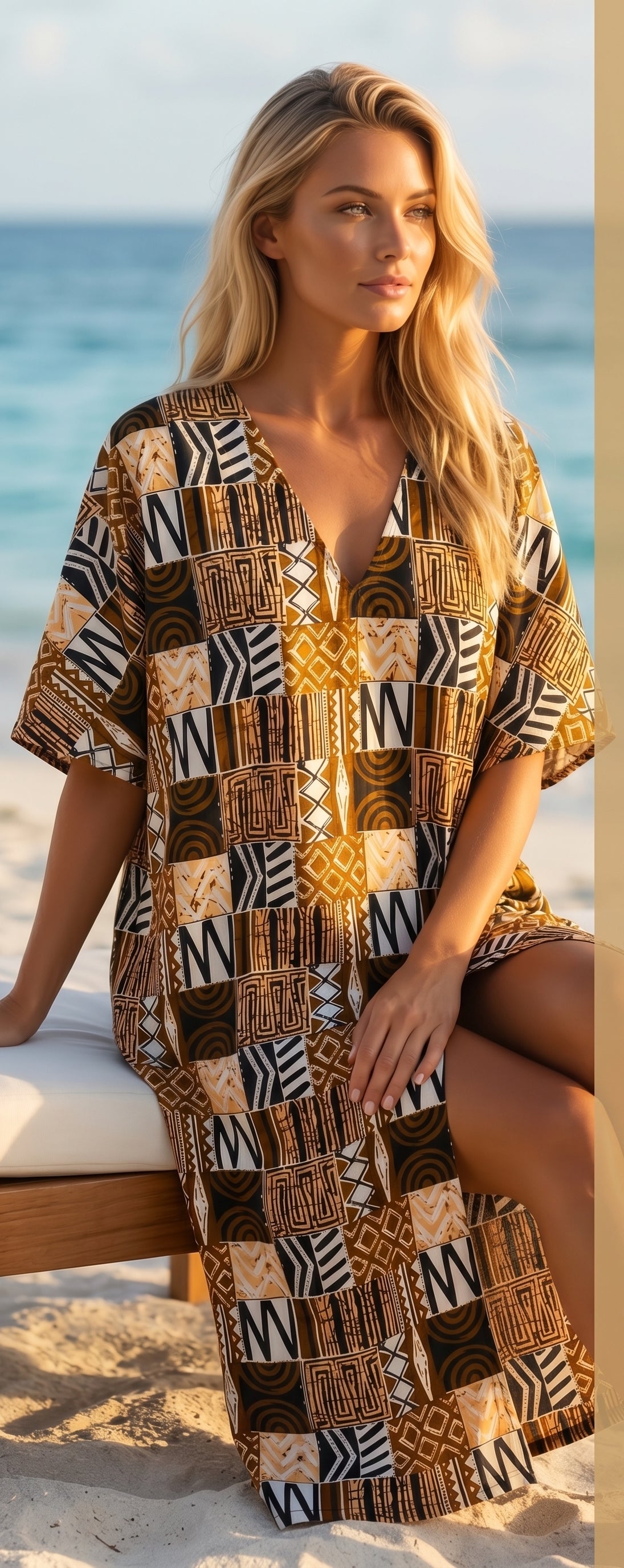 Women's Handmade African Wax Print Caftan, Brown Black & Gold, Sizes S–L