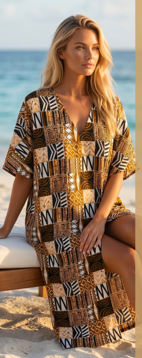 African Design Caftan, Brown Black Gold Wax Print