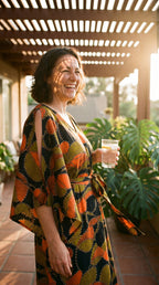 Women's Handmade African Wax Print Caftan, Orange & Black, Sizes S–L