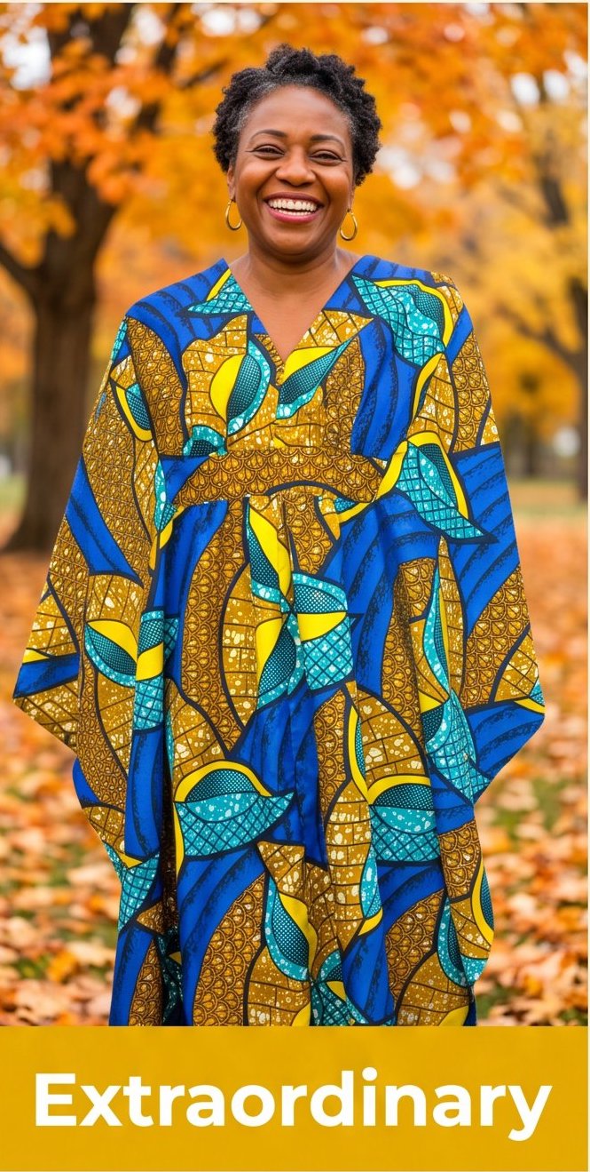 African Wax Print Caftan | Blue & Gold | Silky Polyester | Handmade | Size Large