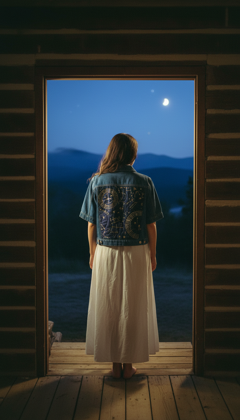 Women's Handmade Upcycled Denim Jean Jacket, Celestial Gold Blue Quilted Panel, One of a Kind