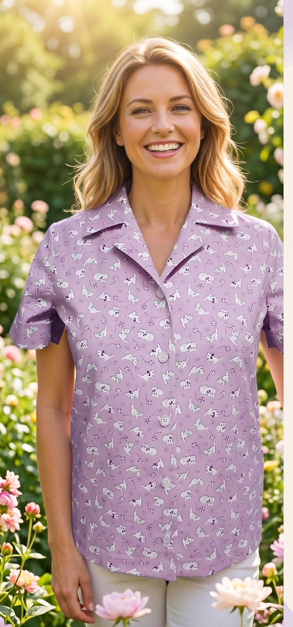 Women's Handmade Cotton Camp Shirt, Lavender Cat Print, One of a Kind