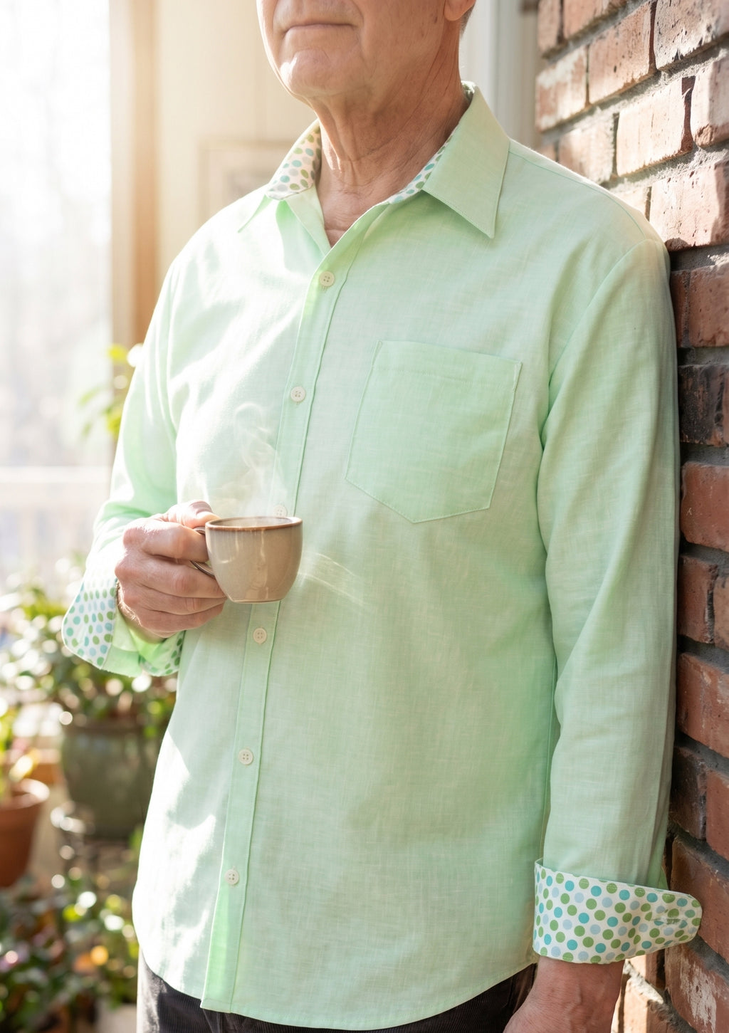 Men's Handmade Lime Green Oxford Cloth Long Sleeve Shirt, Polka Dot Contrast Collar, 100% Cotton, Size Large