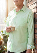 Men's Handmade Lime Green Oxford Cloth Long Sleeve Shirt, Polka Dot Contrast Collar, 100% Cotton, Size Large