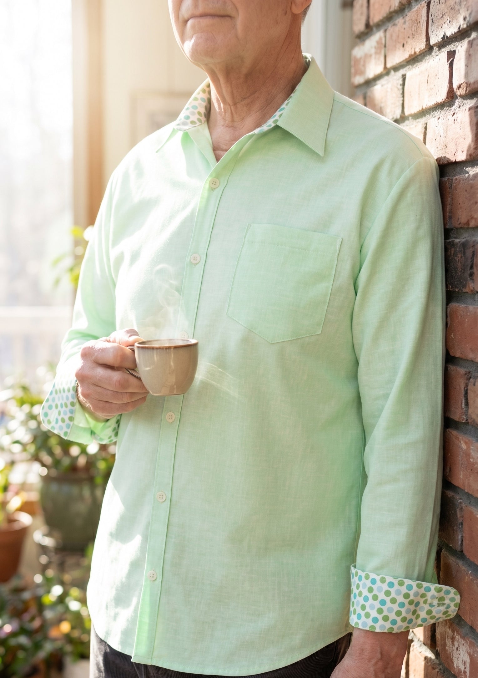 Men's Handmade Lime Green Oxford Cloth Long Sleeve Shirt, Polka Dot Contrast Collar, 100% Cotton, Size Large