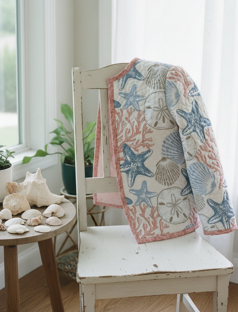 Women's Handmade Upcycled Quilt Jacket, Coastal Design, Starfish Coral Sand Dollars, S-M