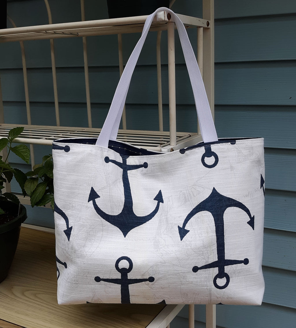 Handmade Nautical Tote Bag with Navy Anchor Print