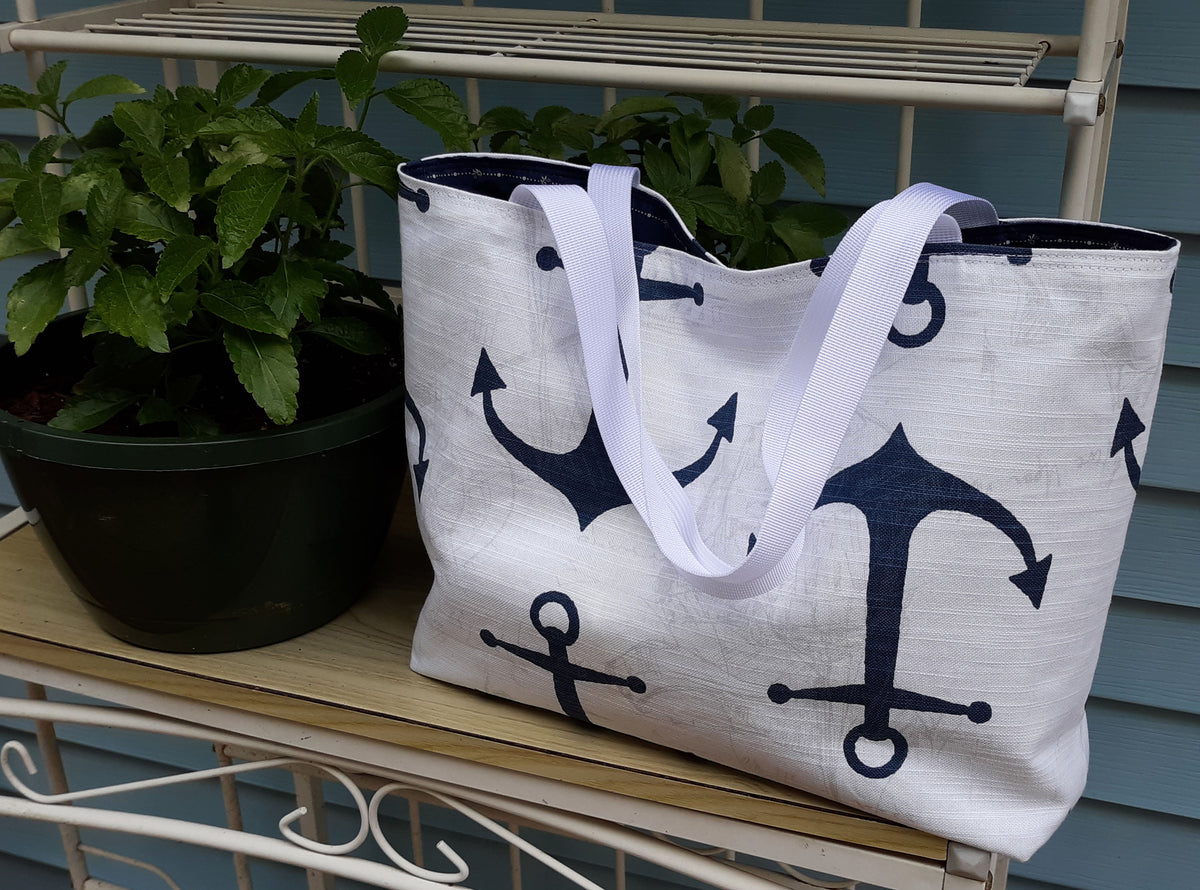 Handmade Nautical Tote Bag with Navy Anchor Print