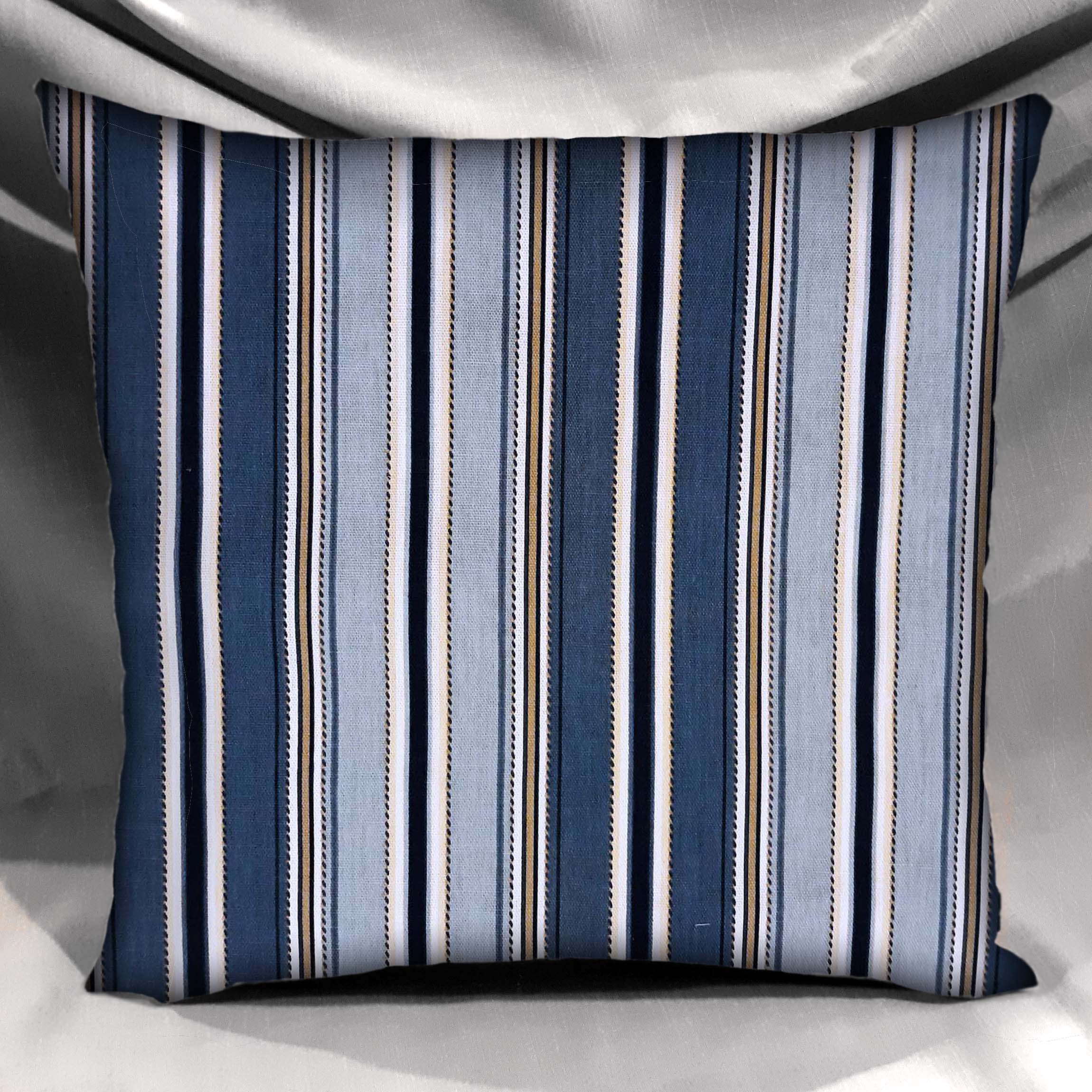 Handmade Blue Stripe Throw Pillow Cover, 18"x18", Teal Navy & Cream Satin Stripe, 100% Cotton