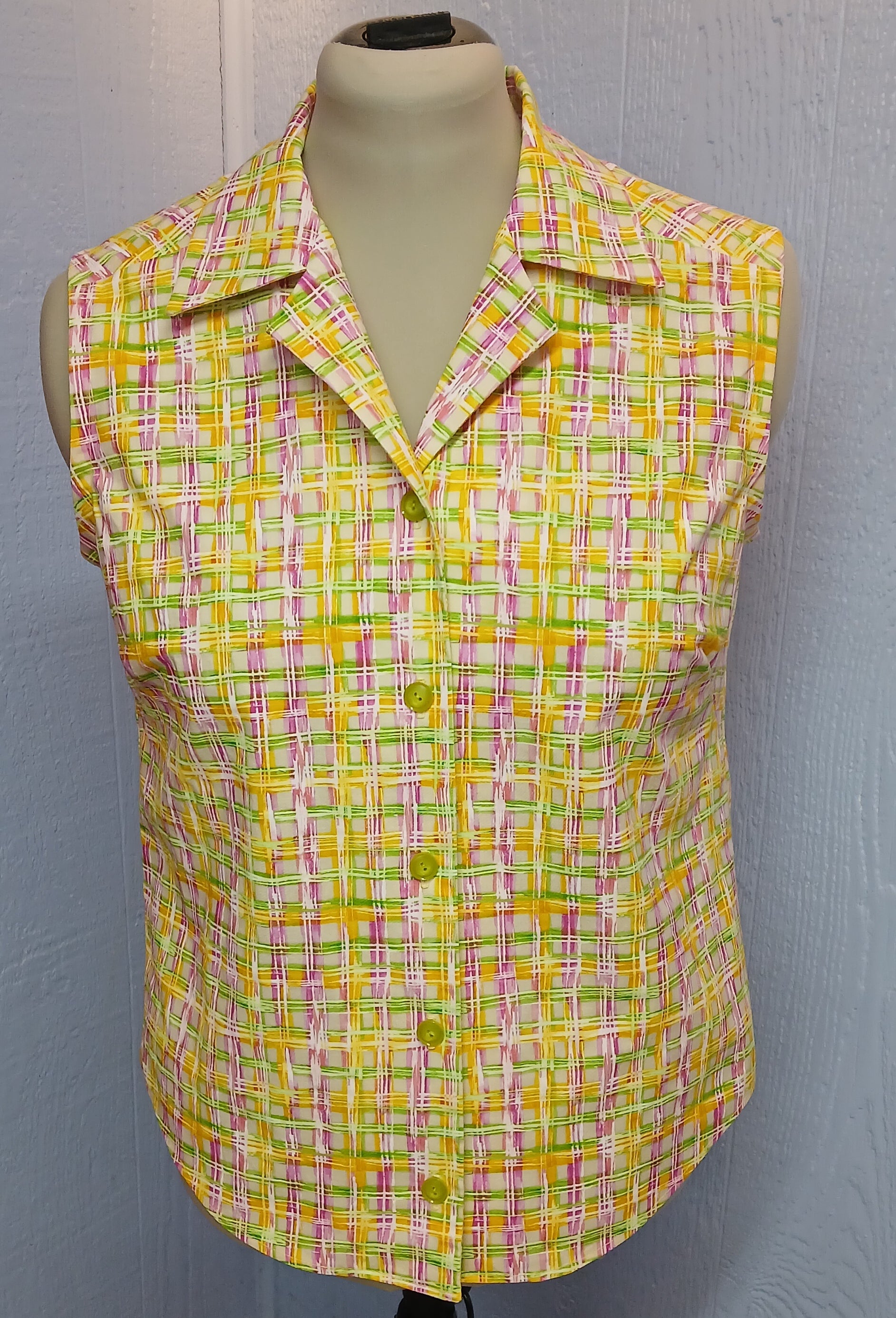 Women's Sleeveless Blouse, Vintage Style, Fitted, Bright Plaid Cotton