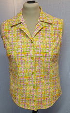 Women's Sleeveless Blouse, Vintage Style, Fitted, Bright Plaid Cotton