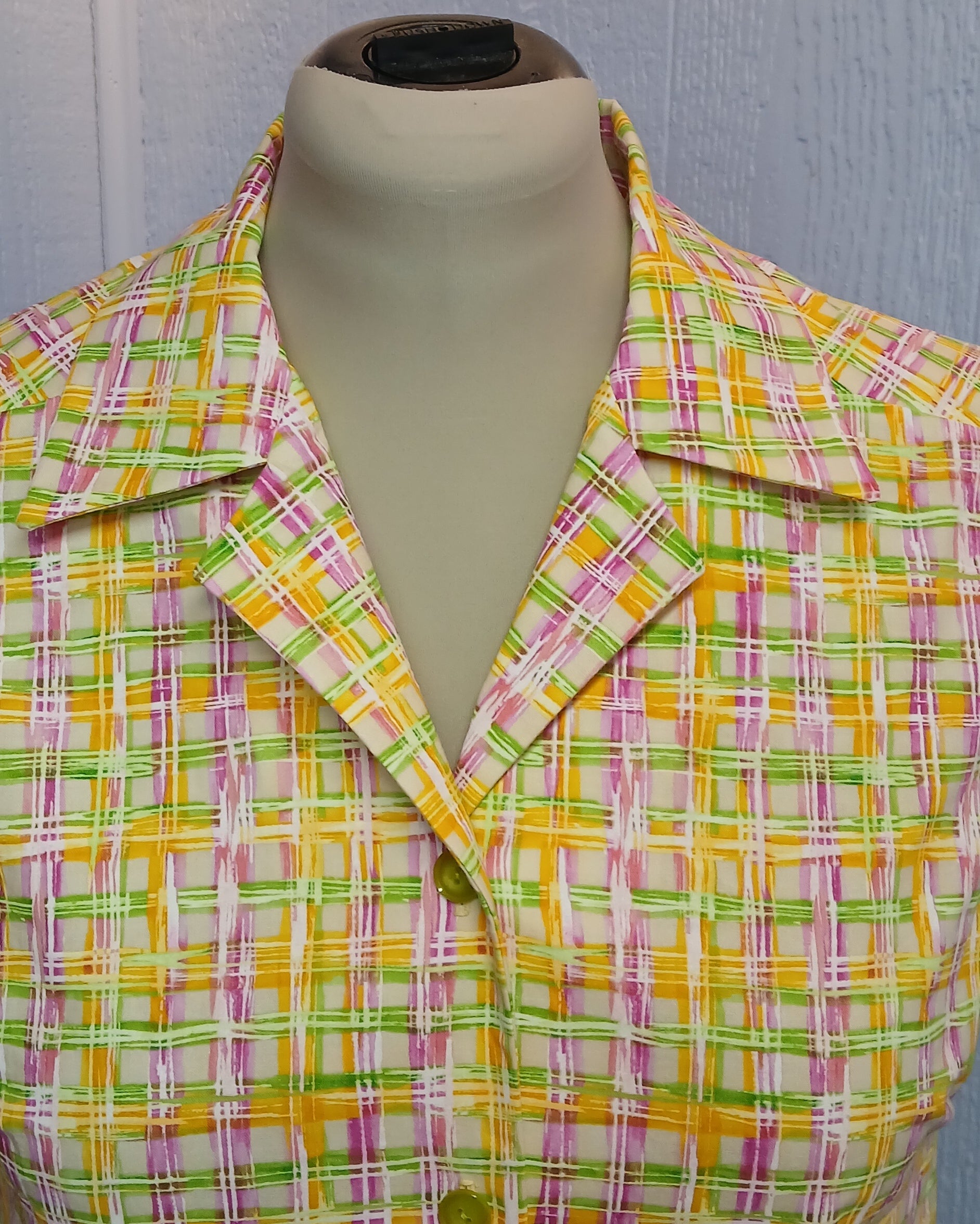 Women's Sleeveless Blouse, Vintage Style, Fitted, Bright Plaid Cotton