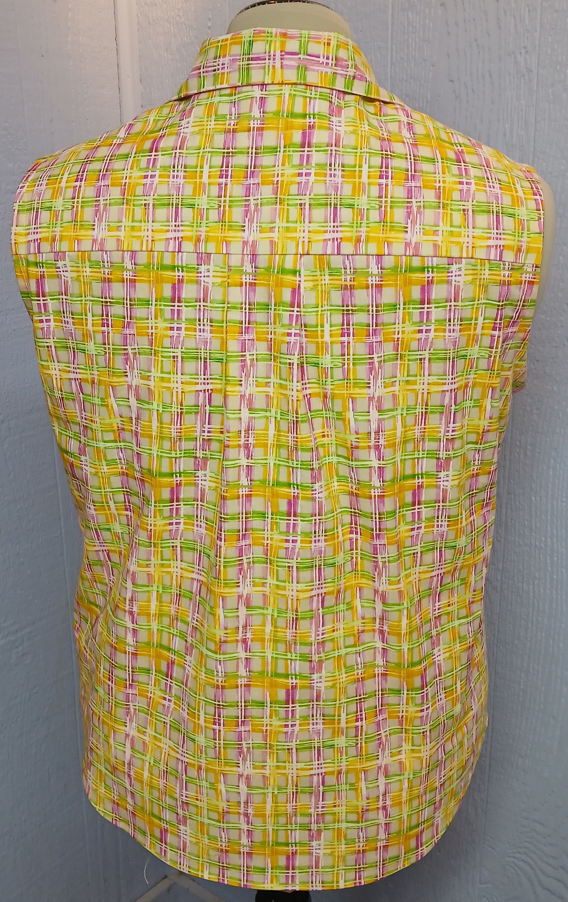 Women's Sleeveless Blouse, Vintage Style, Fitted, Bright Plaid Cotton