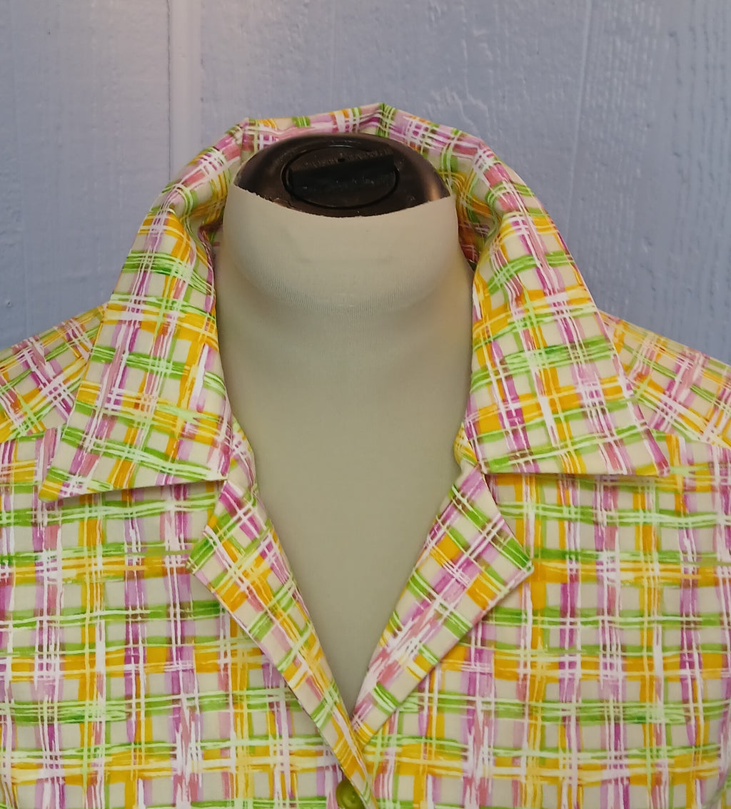 Women's Sleeveless Blouse, Vintage Style, Fitted, Bright Plaid Cotton