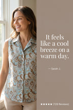 Womens Sleeveless Cotton Blouse, Blue Taupe Paisley