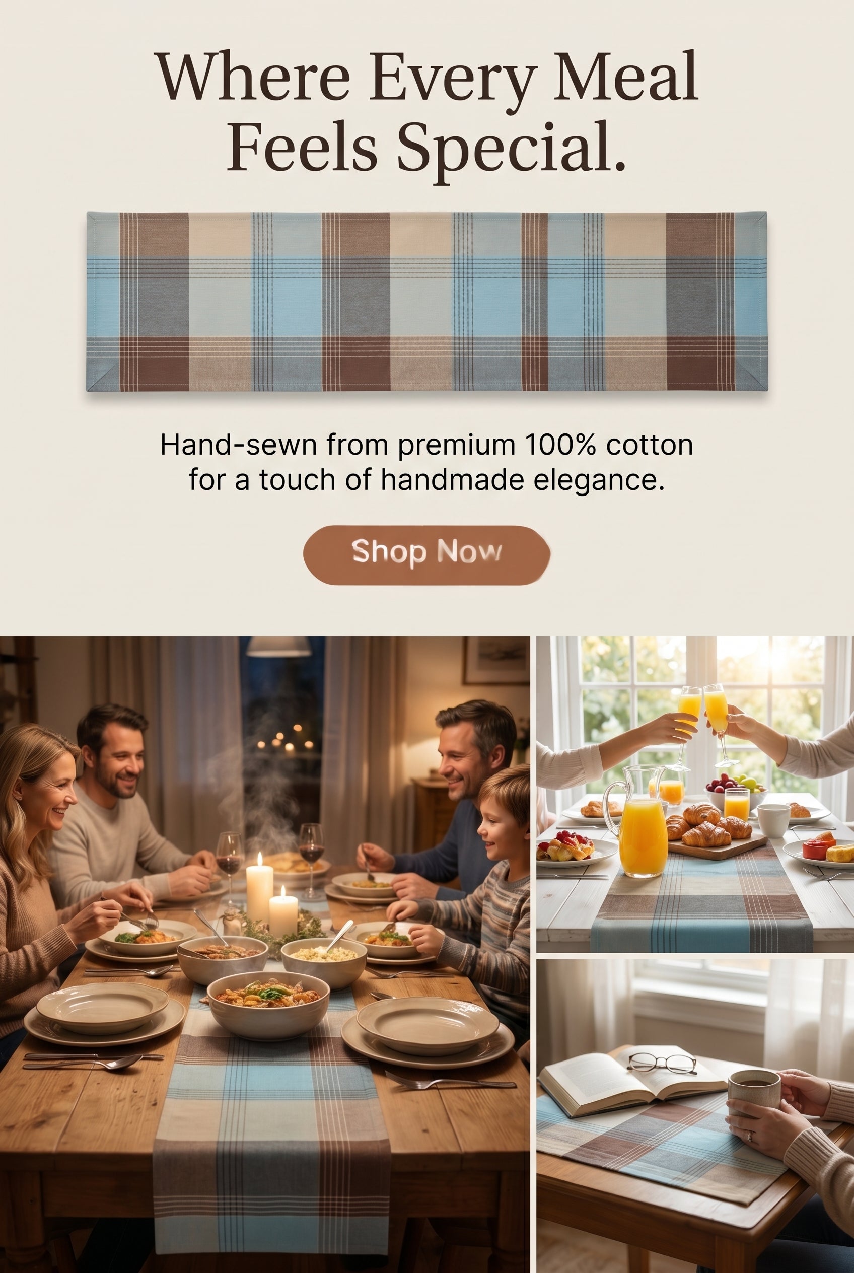 Woven Plaid Table Runner, Blue Brown 100% Cotton