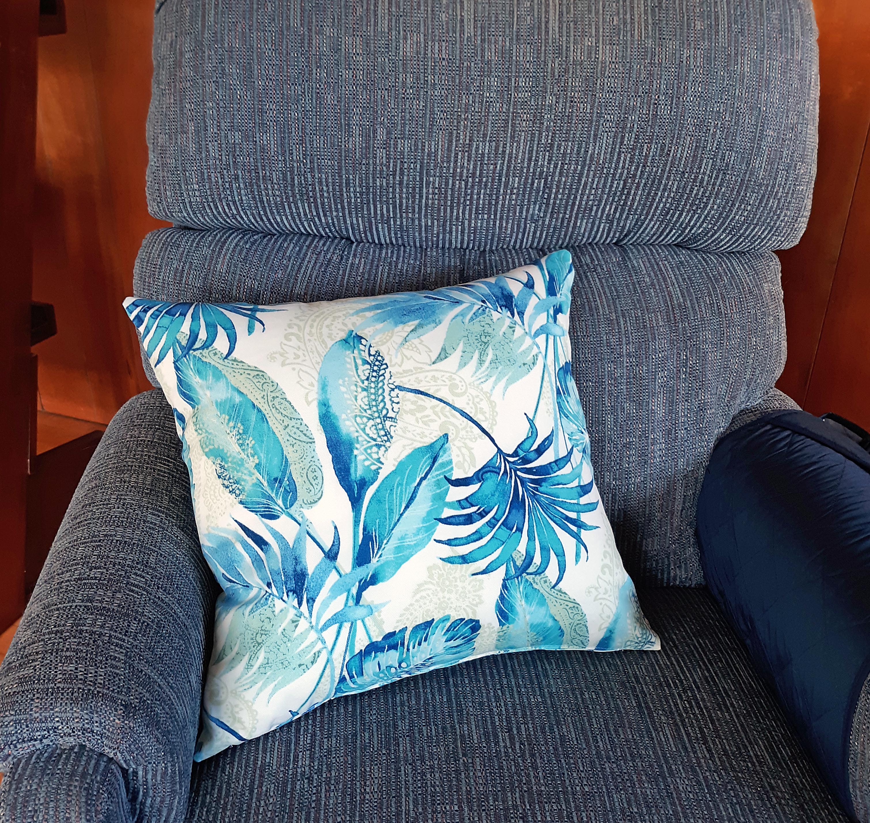 Handmade Blue Tropical Throw Pillow Cover, 18"x18", Teal Palm Leaves on Cream, Indoor/Outdoor Fabric