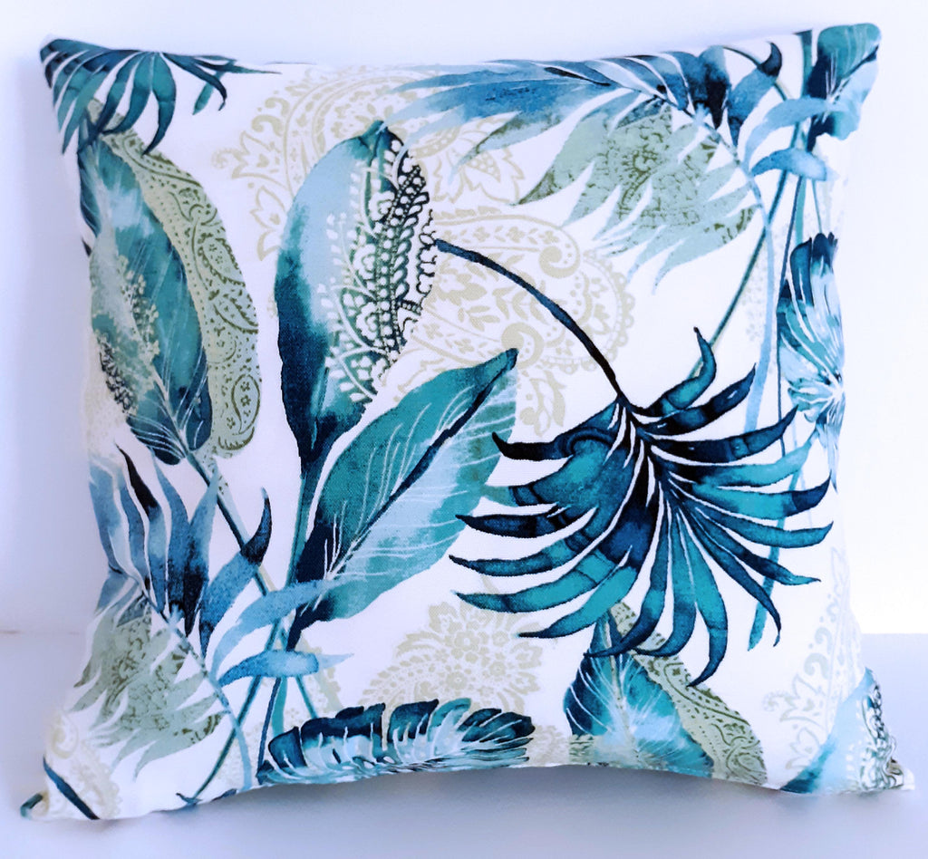 Handmade Blue Tropical Throw Pillow Cover, 18"x18", Teal Palm Leaves on Cream, Indoor/Outdoor Fabric