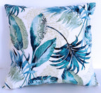 Handmade Blue Tropical Throw Pillow Cover, 18"x18", Teal Palm Leaves on Cream, Indoor/Outdoor Fabric