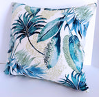 Handmade Blue Tropical Throw Pillow Cover, 18"x18", Teal Palm Leaves on Cream, Indoor/Outdoor Fabric