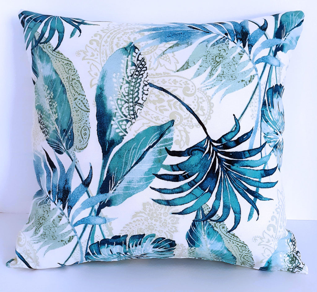 Handmade Blue Tropical Throw Pillow Cover, 18"x18", Teal Palm Leaves on Cream, Indoor/Outdoor Fabric