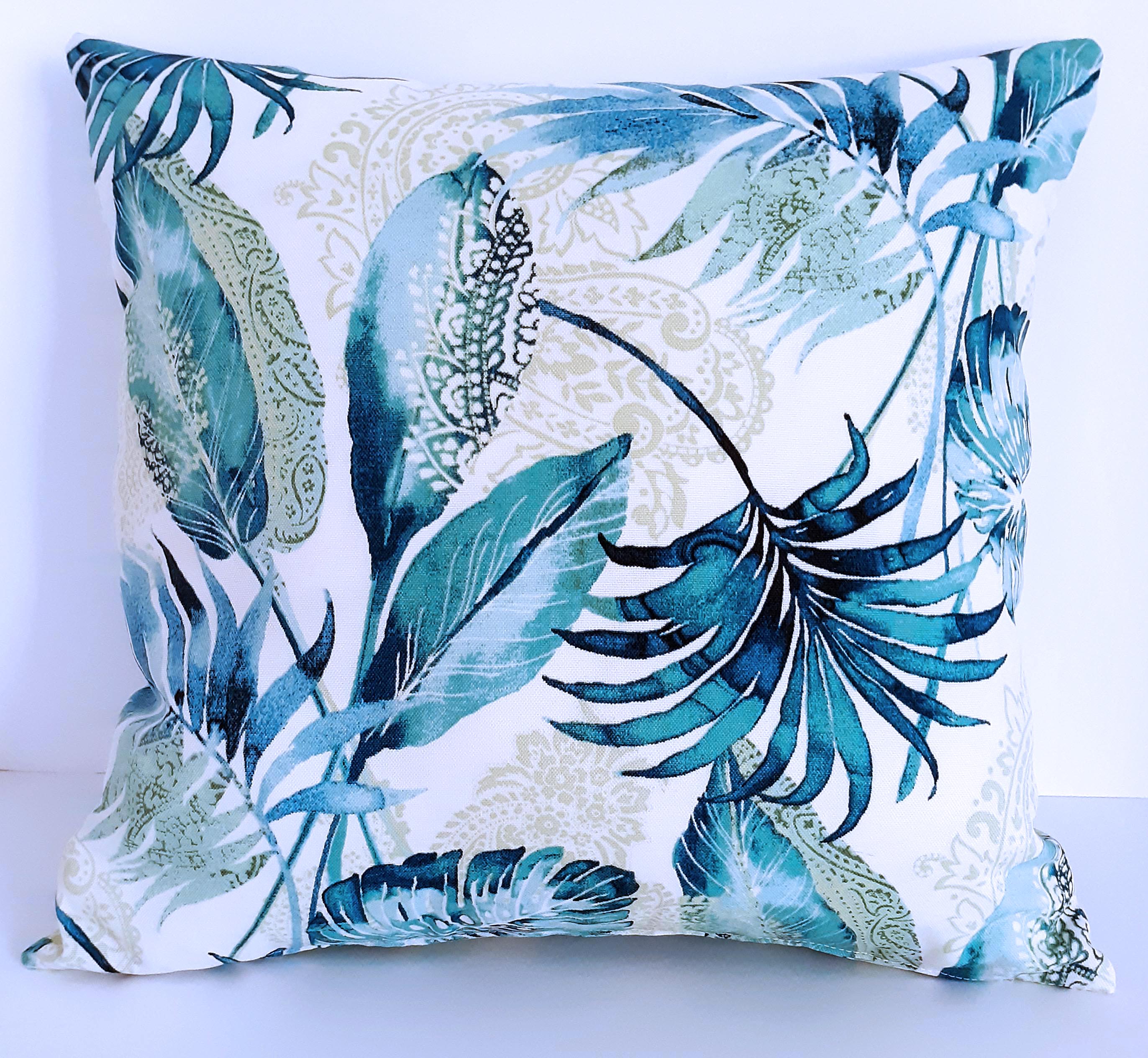 Handmade Blue Tropical Throw Pillow Cover, 18"x18", Teal Palm Leaves on Cream, Indoor/Outdoor Fabric
