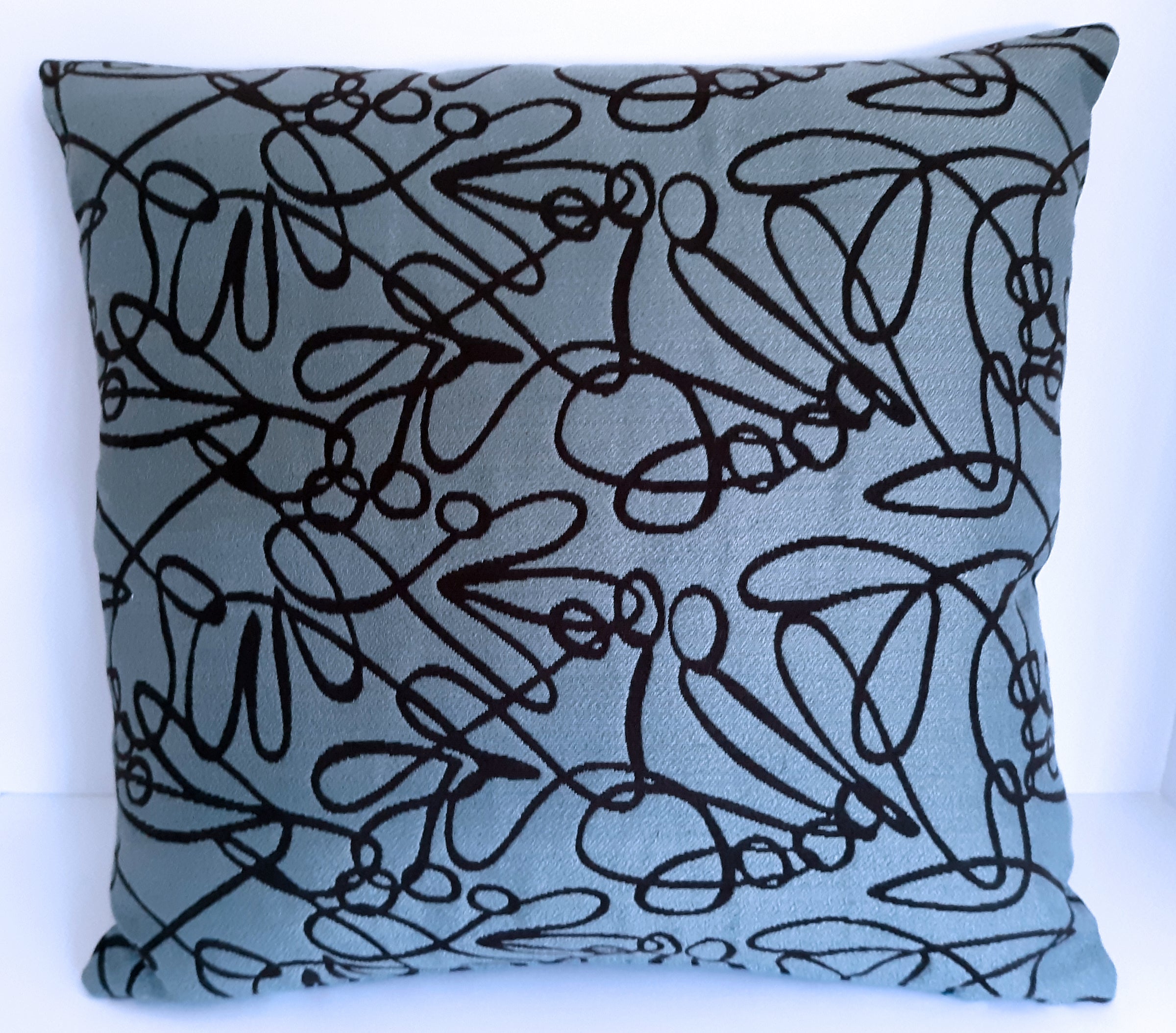 Handmade 18x18 blue and brown abstract line art throw pillow cover with free-form swirl design on steel blue decorator fabric