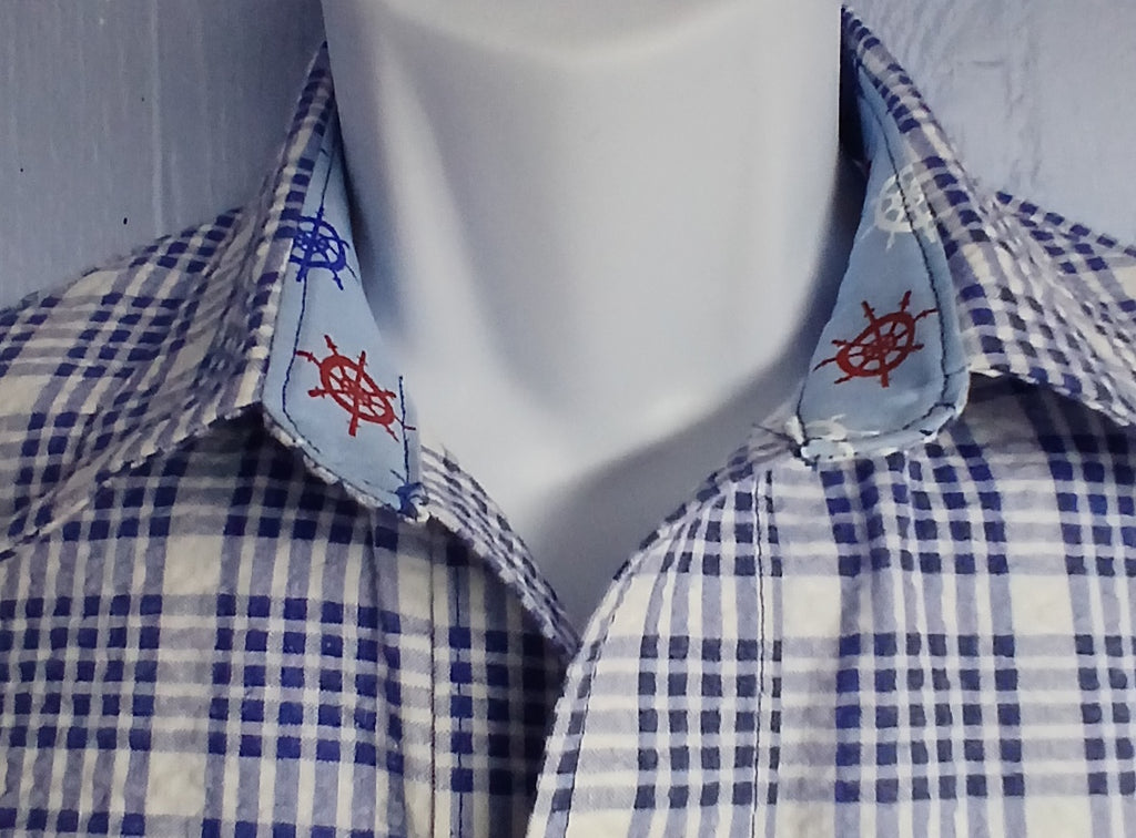 Men's Seersucker Sport Shirt, Short Sleeves, Contrast Collar, Blue & White