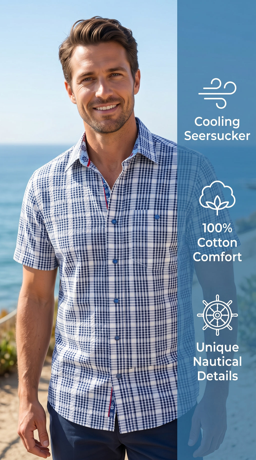 Men's Seersucker Sport Shirt, Short Sleeves, Contrast Collar, Blue & White