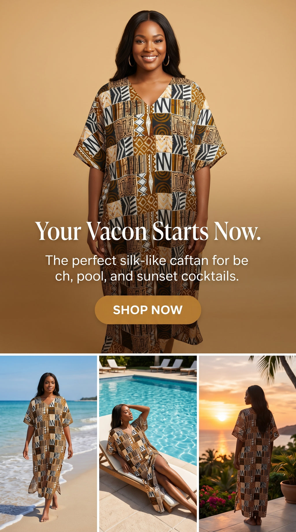 African Design Caftan, Brown Black Gold Wax Print
