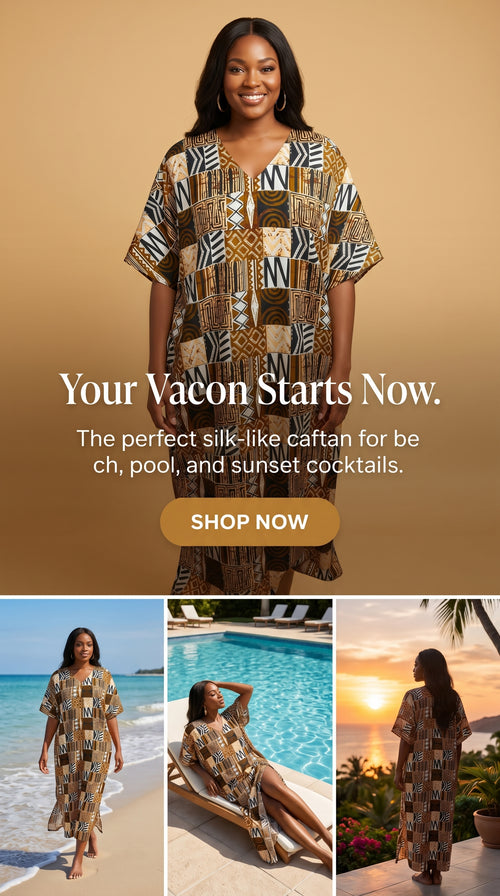 African Design Caftan, Brown Black Gold Wax Print