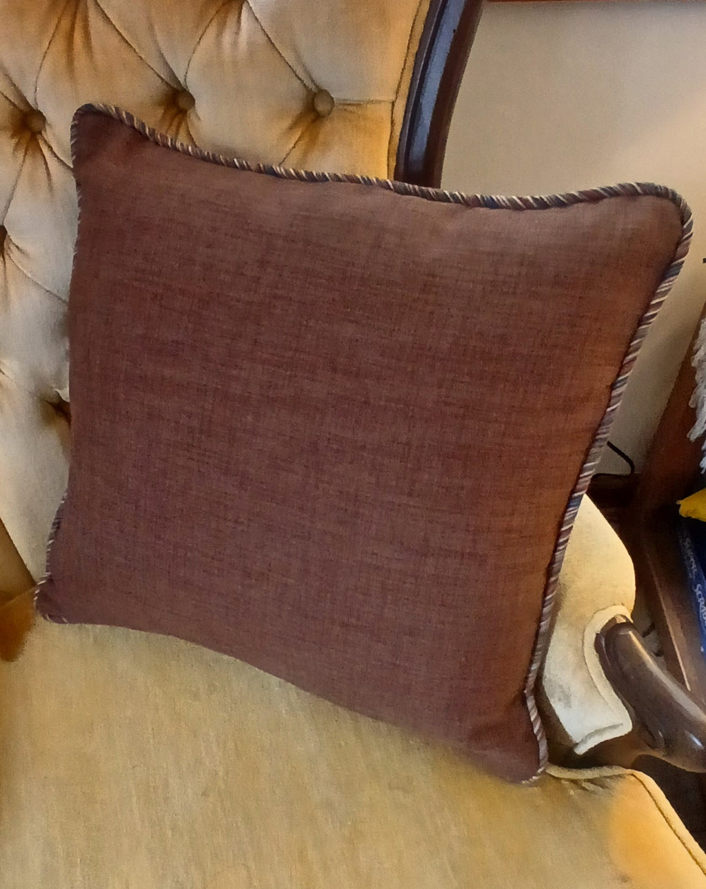 Handmade Brown Throw Pillow Cover with Cording, 18"x18", Cinnamon Brown Cotton with Multicolor Trim