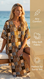 African Design Caftan, Brown Black Gold Wax Print
