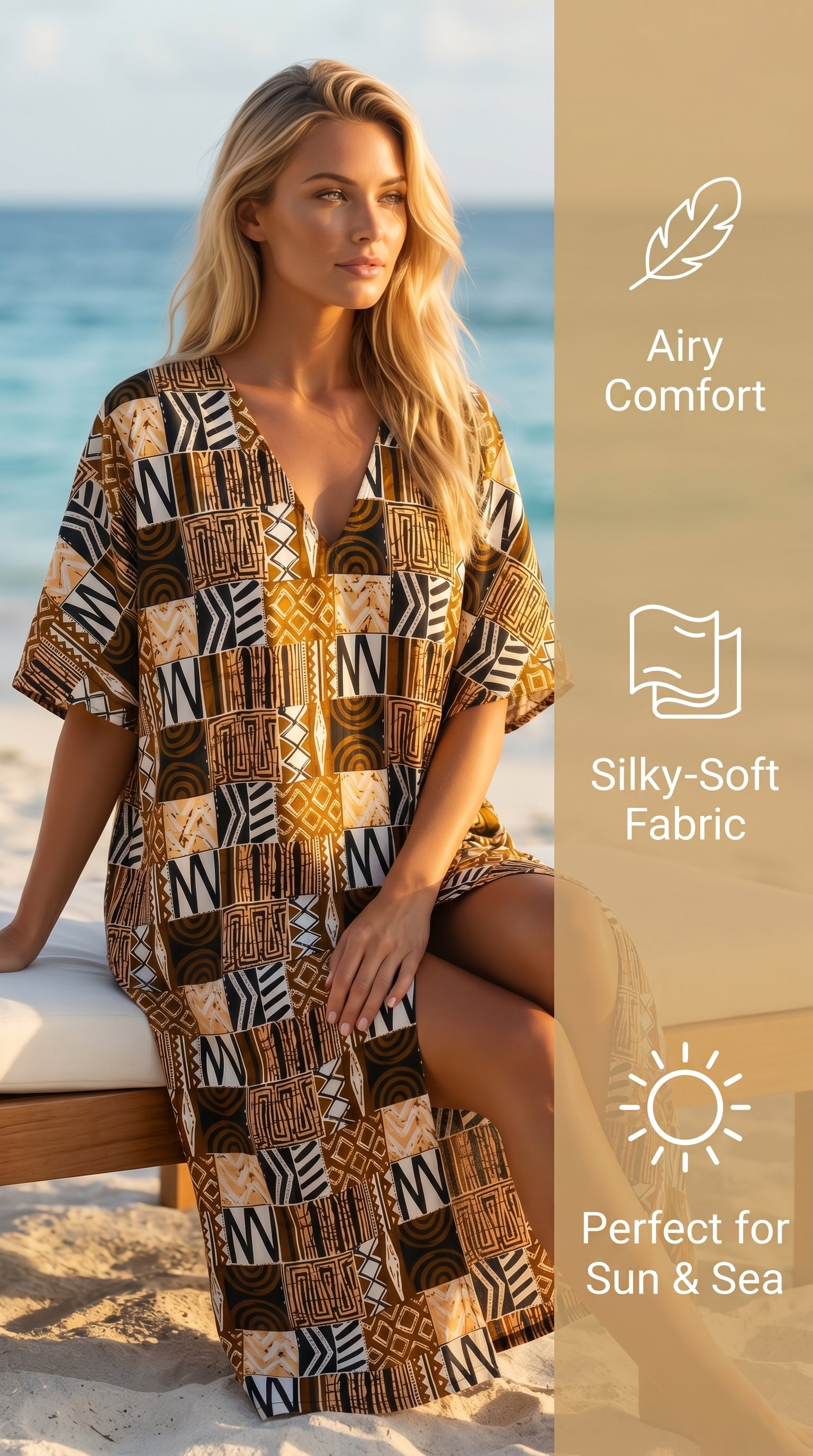 African Design Caftan, Brown Black Gold Wax Print