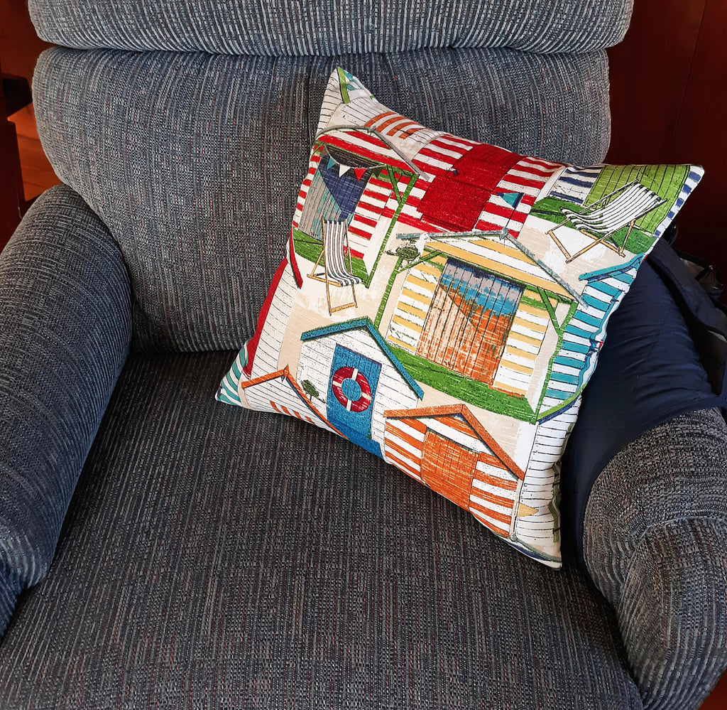 Handmade Beach Hut Throw Pillow Cover, 18"x18", Colorful Coastal Cabana Print, Indoor/Outdoor Fabric