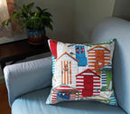 Handmade Beach Hut Throw Pillow Cover, 18"x18", Colorful Coastal Cabana Print, Indoor/Outdoor Fabric