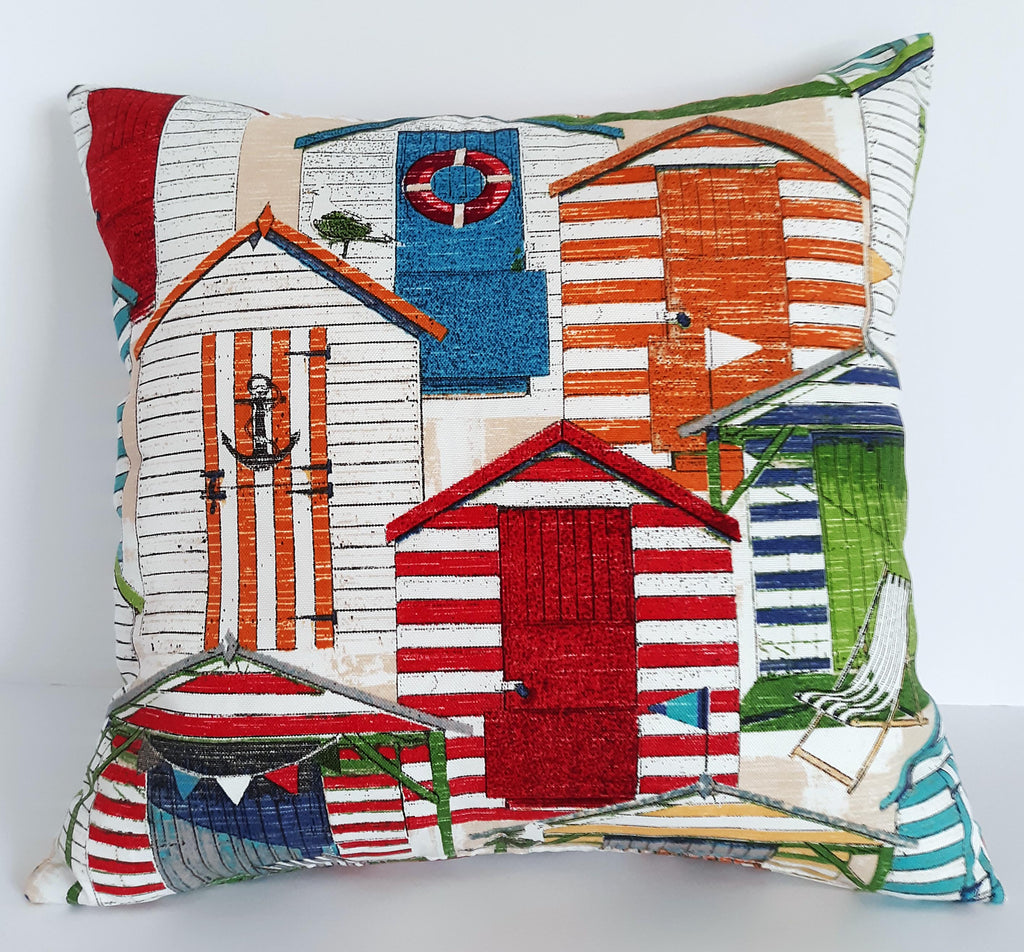 Handmade Beach Hut Throw Pillow Cover, 18"x18", Colorful Coastal Cabana Print, Indoor/Outdoor Fabric