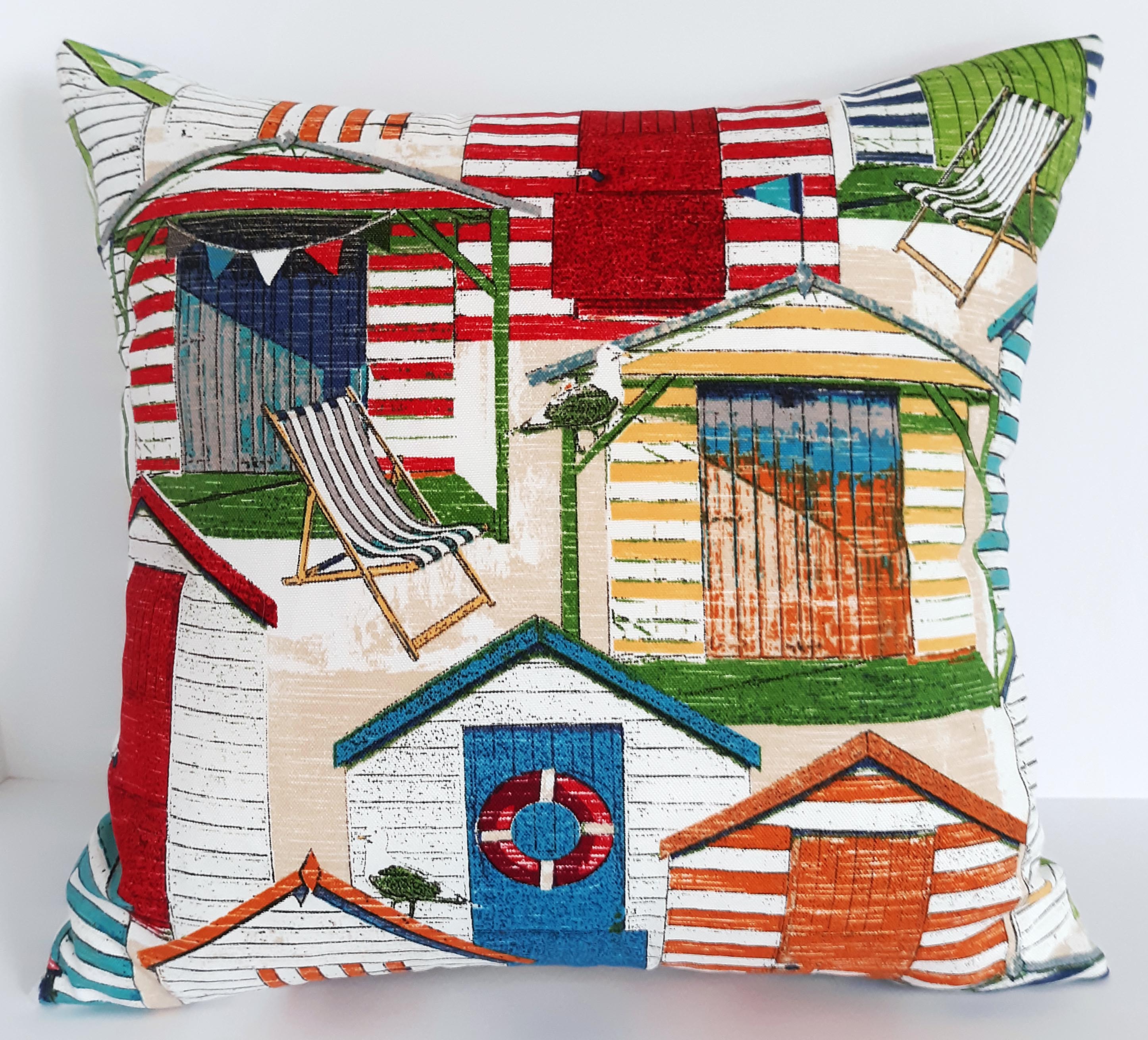 Handmade Beach Hut Throw Pillow Cover, 18"x18", Colorful Coastal Cabana Print, Indoor/Outdoor Fabric
