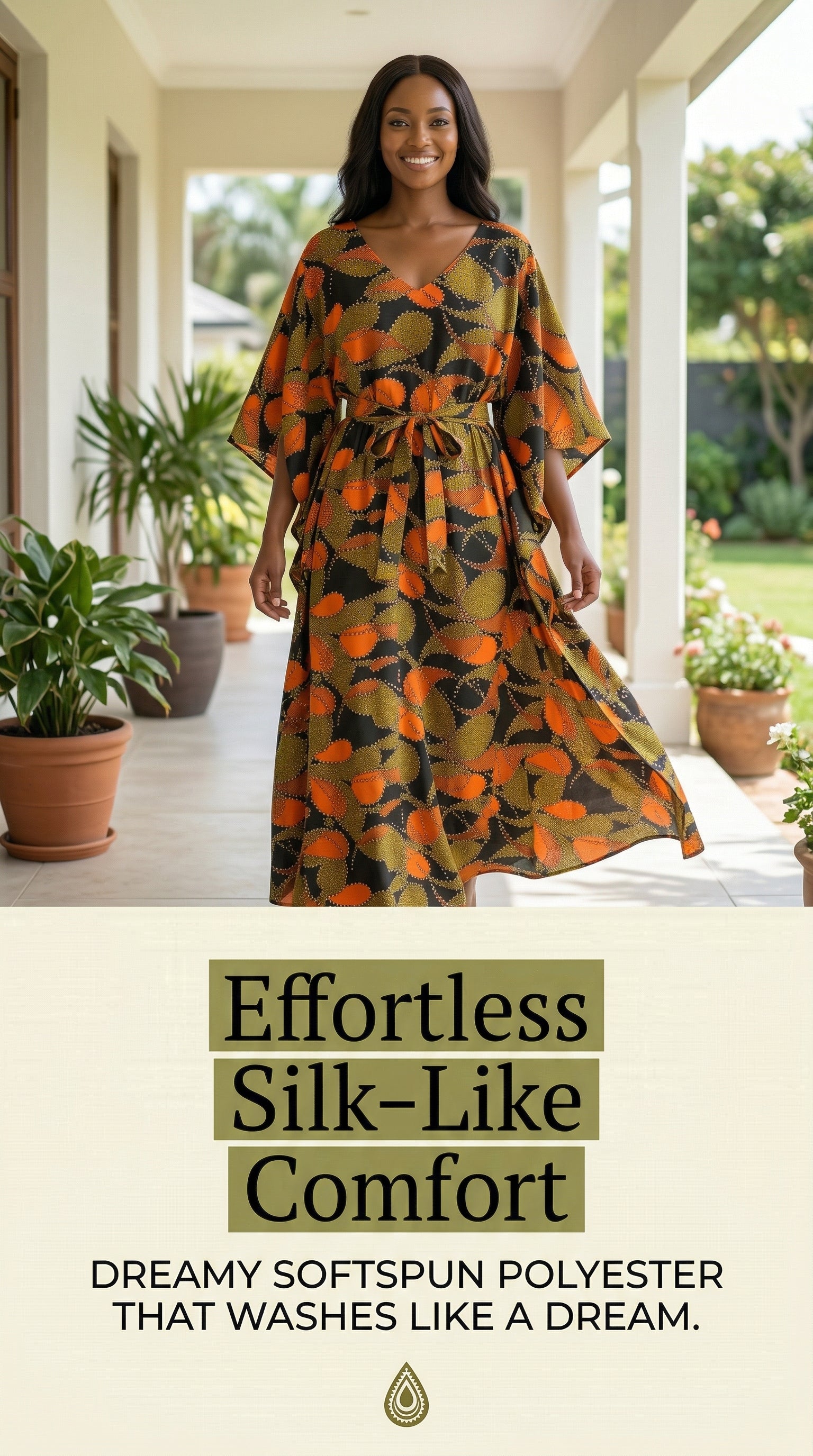 Women's Handmade African Wax Print Caftan, Orange & Black, Sizes S–L
