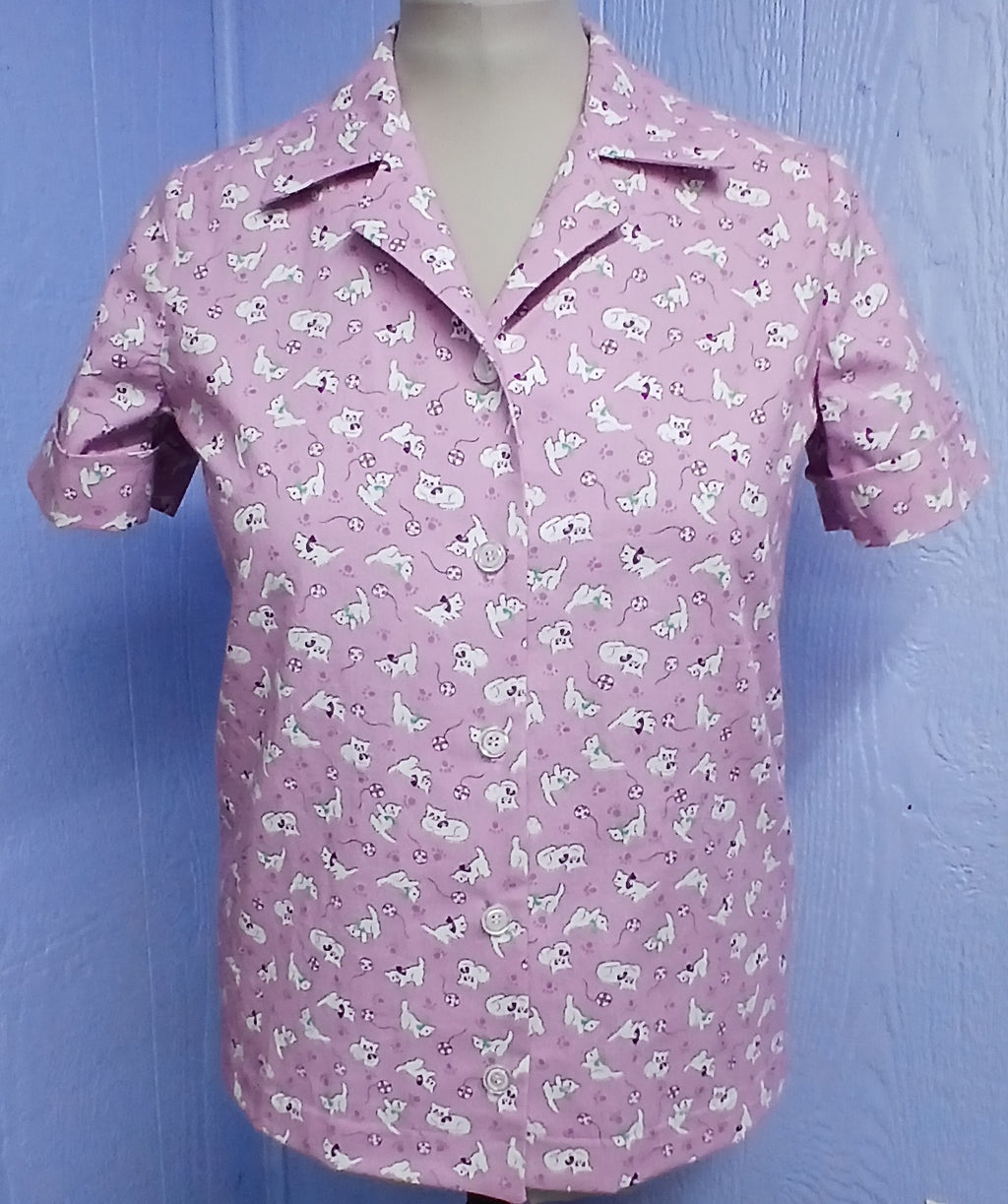 Womens Cotton Camp Shirt, Lavender Cat Print