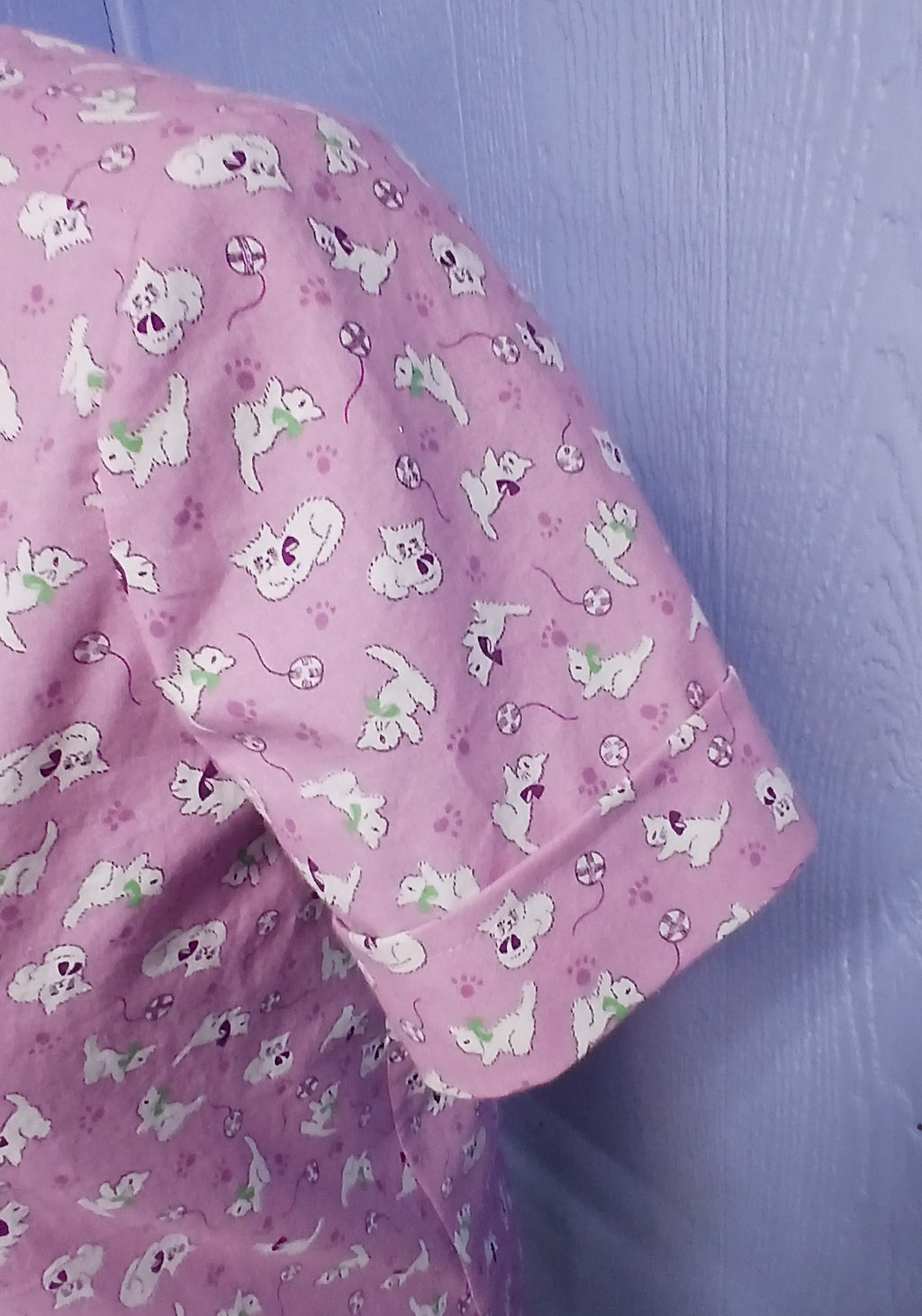 Womens Cotton Camp Shirt, Lavender Cat Print